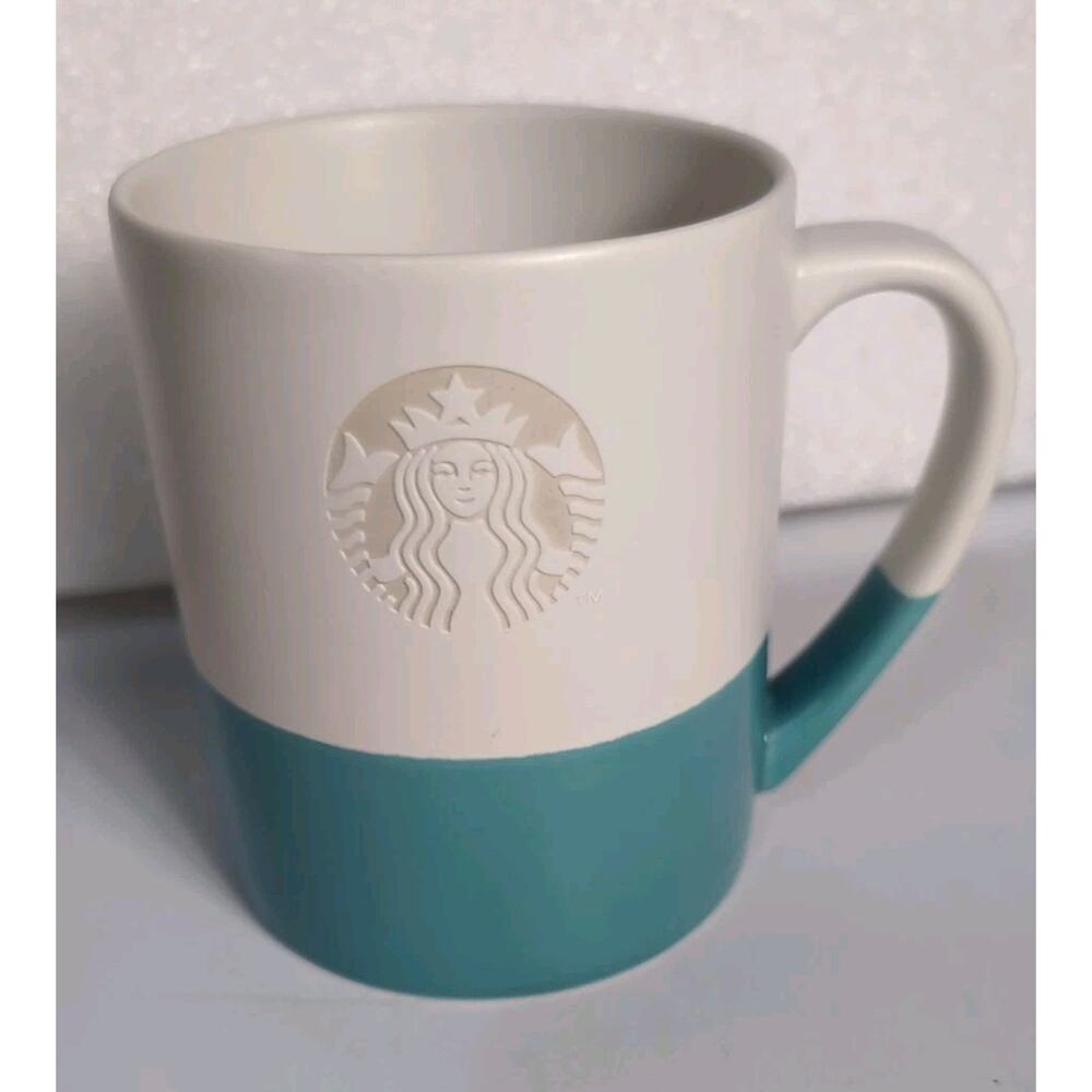 Starbucks Hand Dipped Siren Series Embossed Logo Blue and White 14 Oz Coffee Mug
